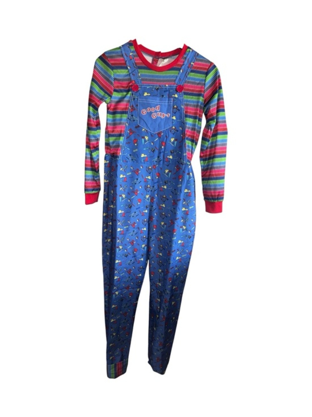 Chucky Doll Halloween Costume Good Guys Blue Overalls with Rainbow Stripe Top